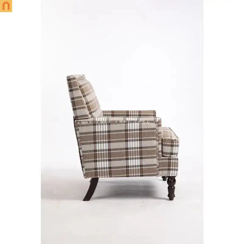 Accent Chair Vintage Style Linen Upholstered Brown Nailhead Trim for Living Room Decor