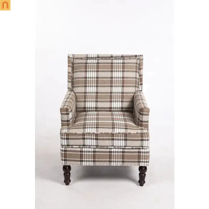 Accent Chair Vintage Style Linen Upholstered Brown Nailhead Trim for Living Room Decor