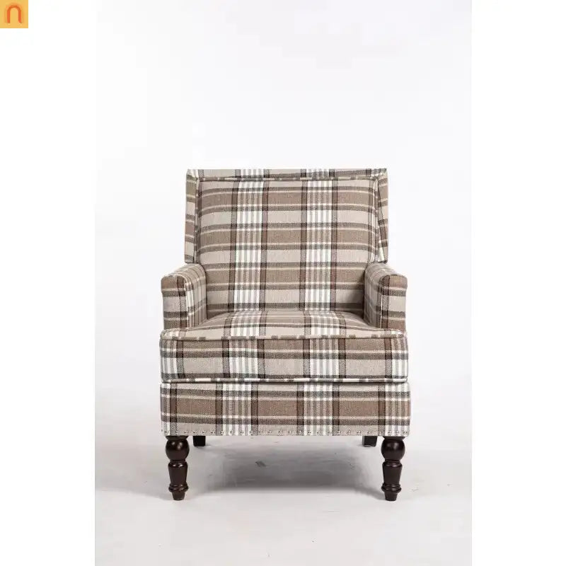 Accent Chair Vintage Style Linen Upholstered Brown Nailhead Trim for Living Room Decor