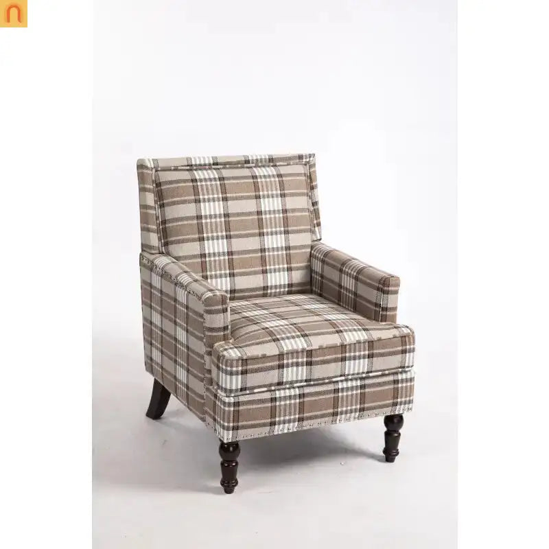 Accent Chair Vintage Style Linen Upholstered Brown Nailhead Trim for Living Room Decor