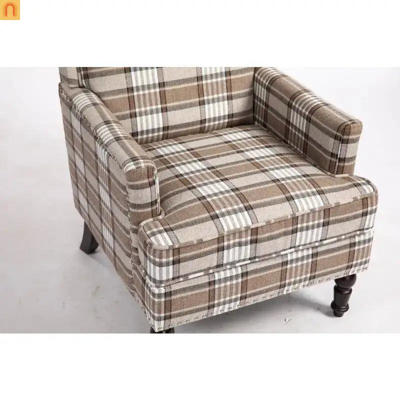 Accent Chair Vintage Style Linen Upholstered Brown Nailhead Trim for Living Room Decor