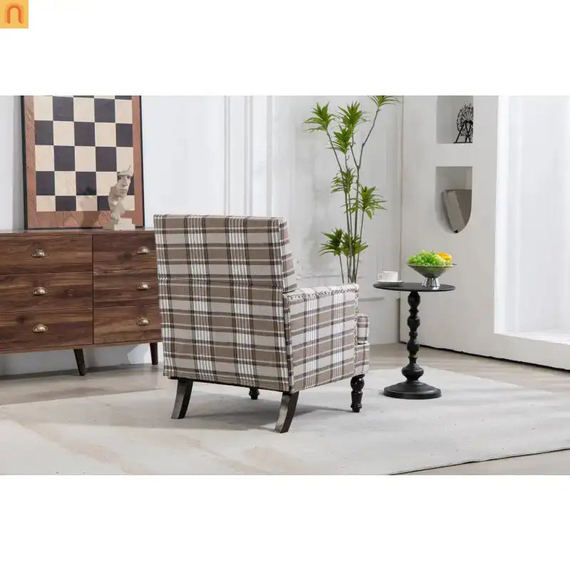 Accent Chair Vintage Style Linen Upholstered Brown Nailhead Trim for Living Room Decor