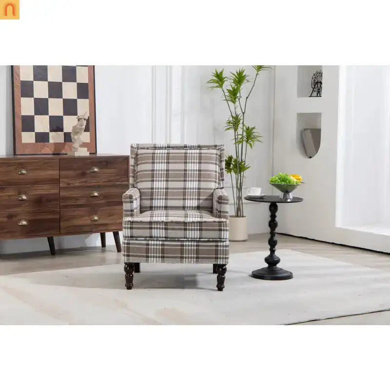 Accent Chair Vintage Style Linen Upholstered Brown Nailhead Trim for Living Room Decor