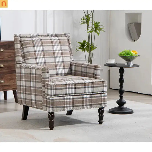 Accent Chair Vintage Style Linen Upholstered Brown Nailhead Trim for Living Room Decor