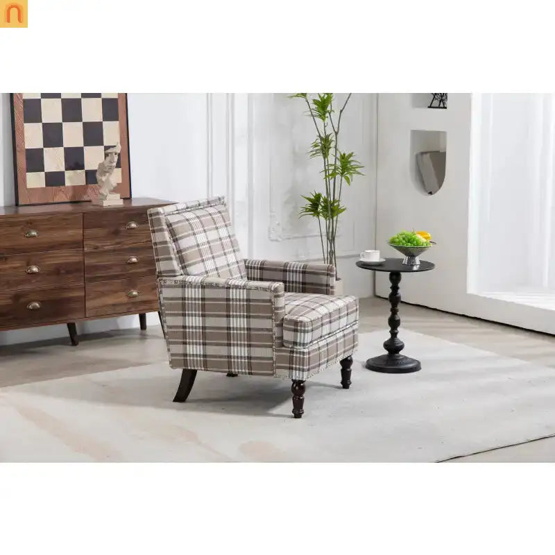 Accent Chair Vintage Style Linen Upholstered Brown Nailhead Trim for Living Room Decor