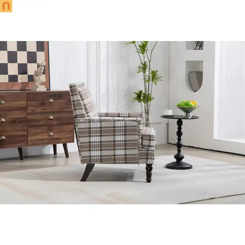 Accent Chair Vintage Style Linen Upholstered Brown Nailhead Trim for Living Room Decor
