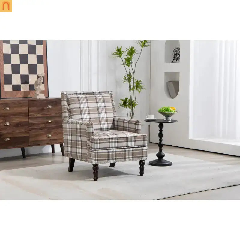 Accent Chair Vintage Style Linen Upholstered Brown Nailhead Trim for Living Room Decor