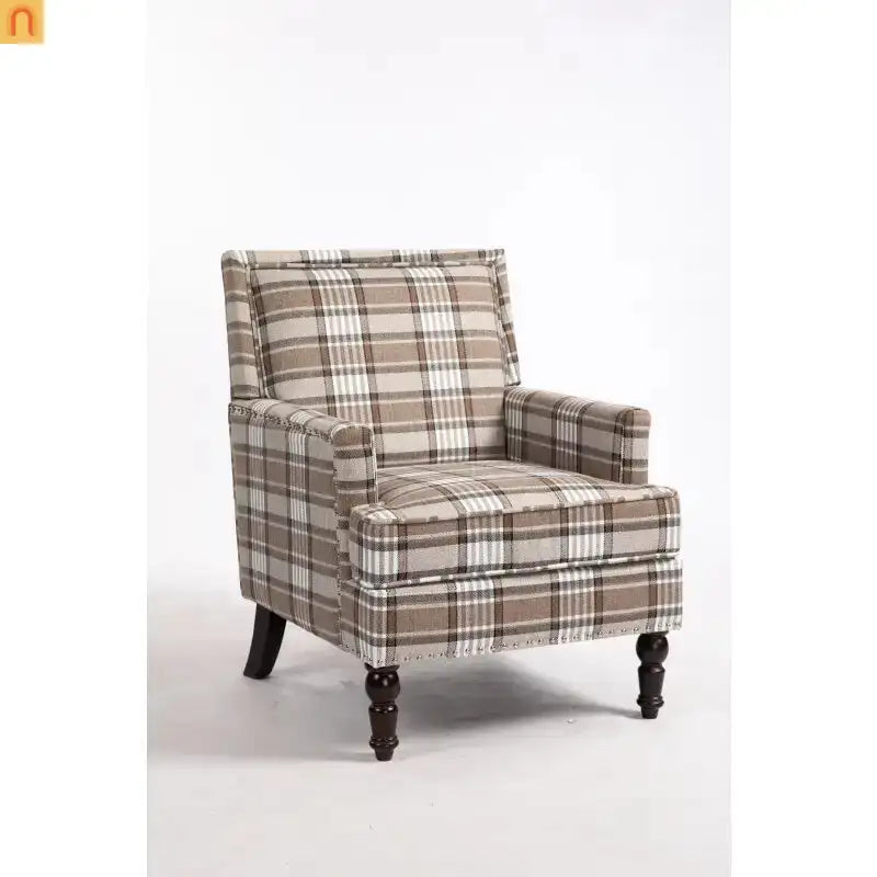 Accent Chair Vintage Style Linen Upholstered Brown Nailhead Trim for Living Room Decor
