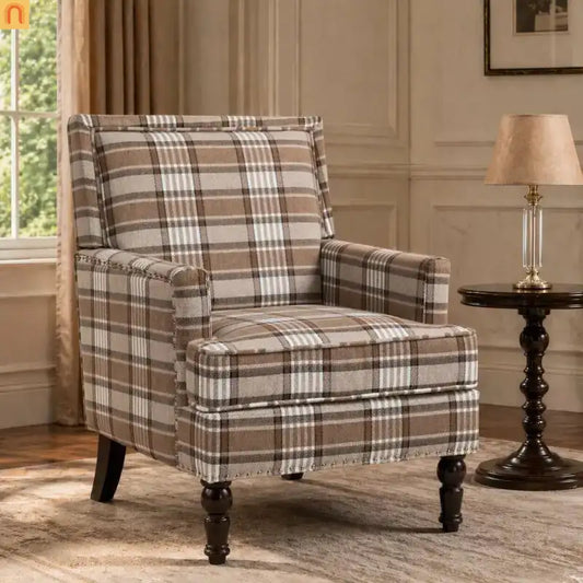 Accent Chair Vintage Style Linen Upholstered Brown Nailhead Trim for Living Room Decor