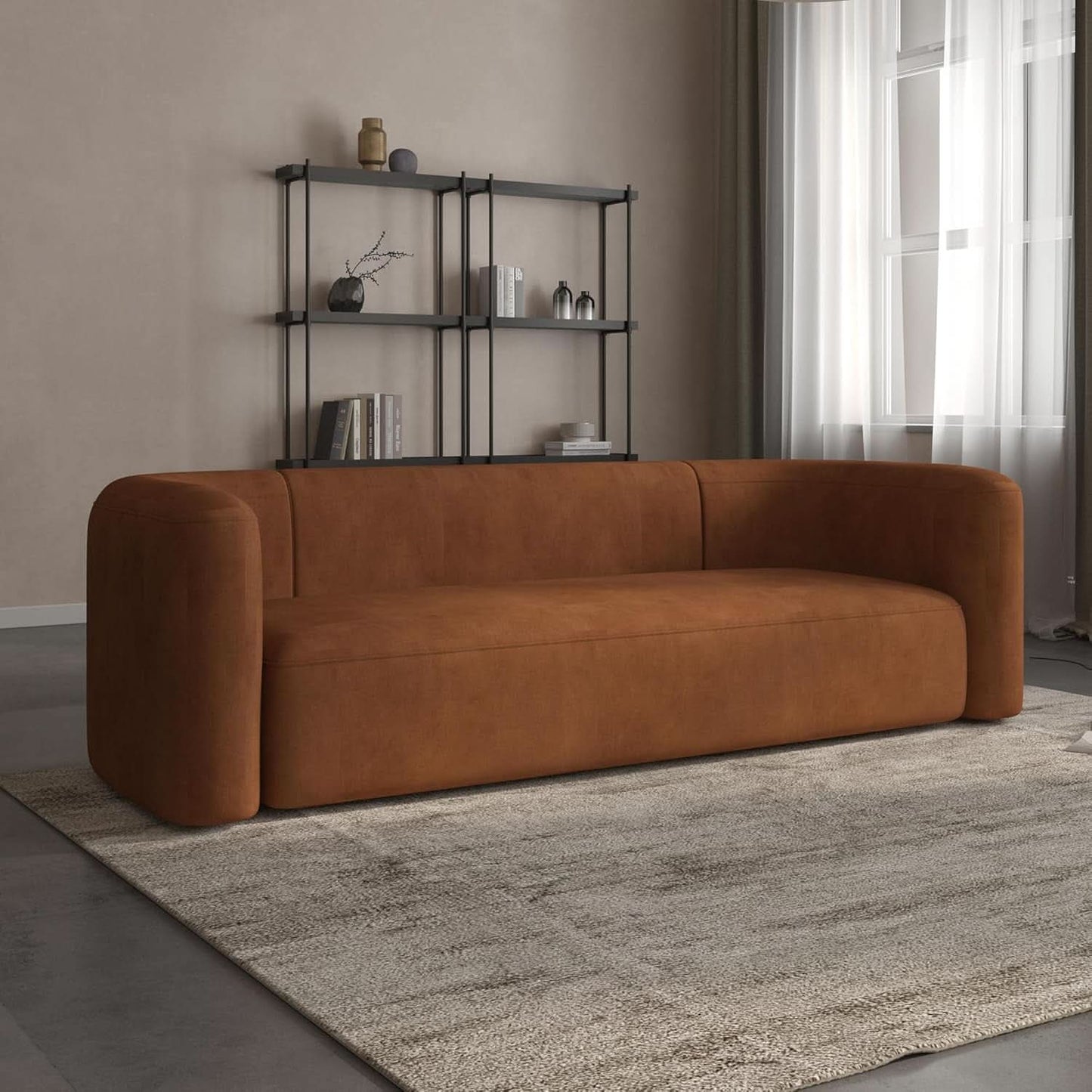 ** Modern Velvet 3-Seater Sofa in Tangerine with Curved Back Design