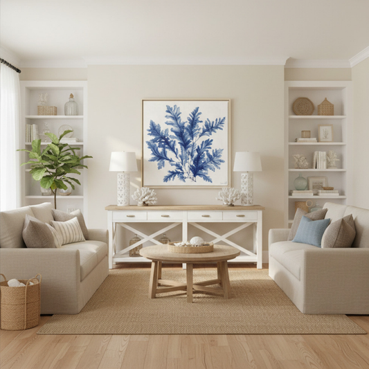 Blue Fern Botanical Framed Original Print on Canvas 30"x30" | Delicate Navy Coastal Seaweed Study | Vivian Hill, Bay & Bridle
