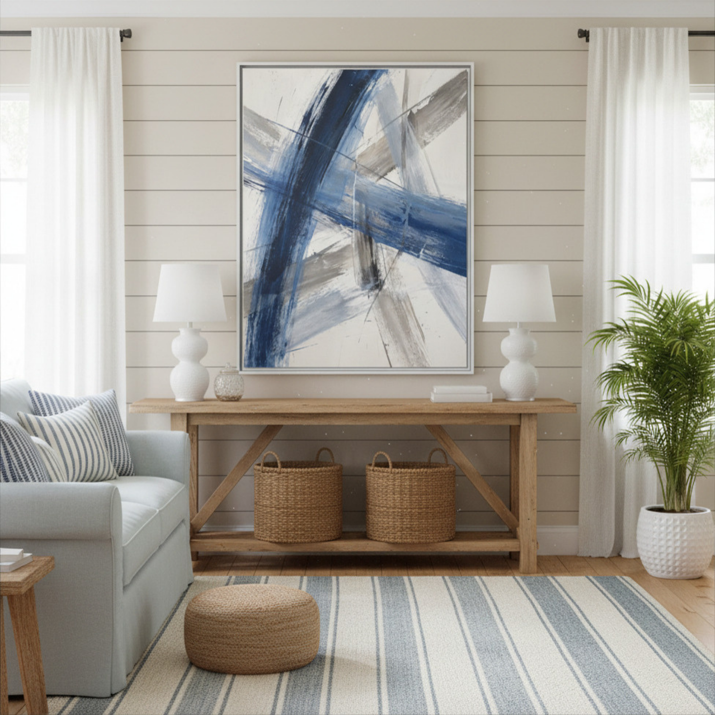 Blue and Gray Abstract Brushstrokes Matte Canvas Framed | Modern Wall Art 30"x40" | Vivian Hill, Bay & Bridle