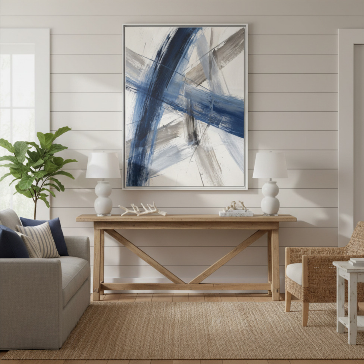 Blue and Gray Abstract Brushstrokes Matte Canvas Framed | Modern Wall Art 30"x40" | Vivian Hill, Bay & Bridle