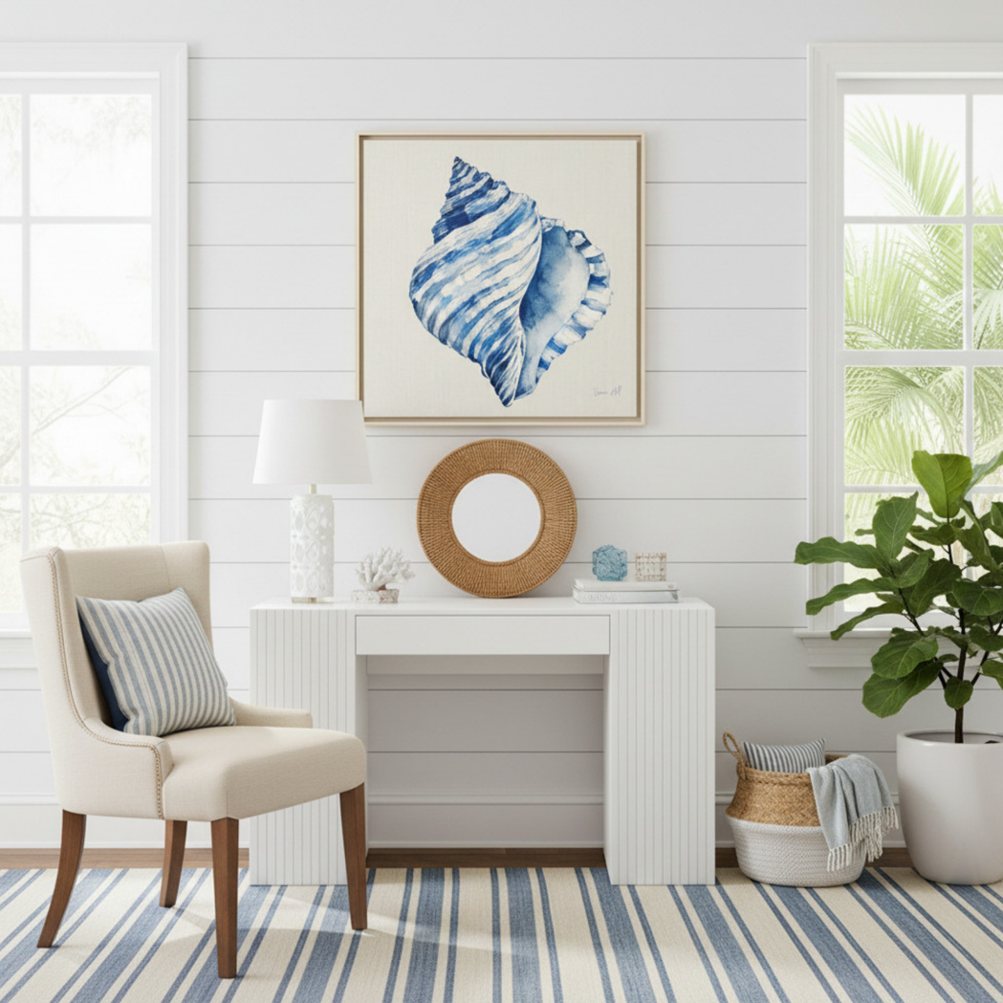 Blue Conch Shell Framed Original Print on Canvas Art — Coastal Navy Seashell Wall Decor 30'x30" | Vivian Hill, Bay & Bridle| Vivian Hill, Bay & Bridle