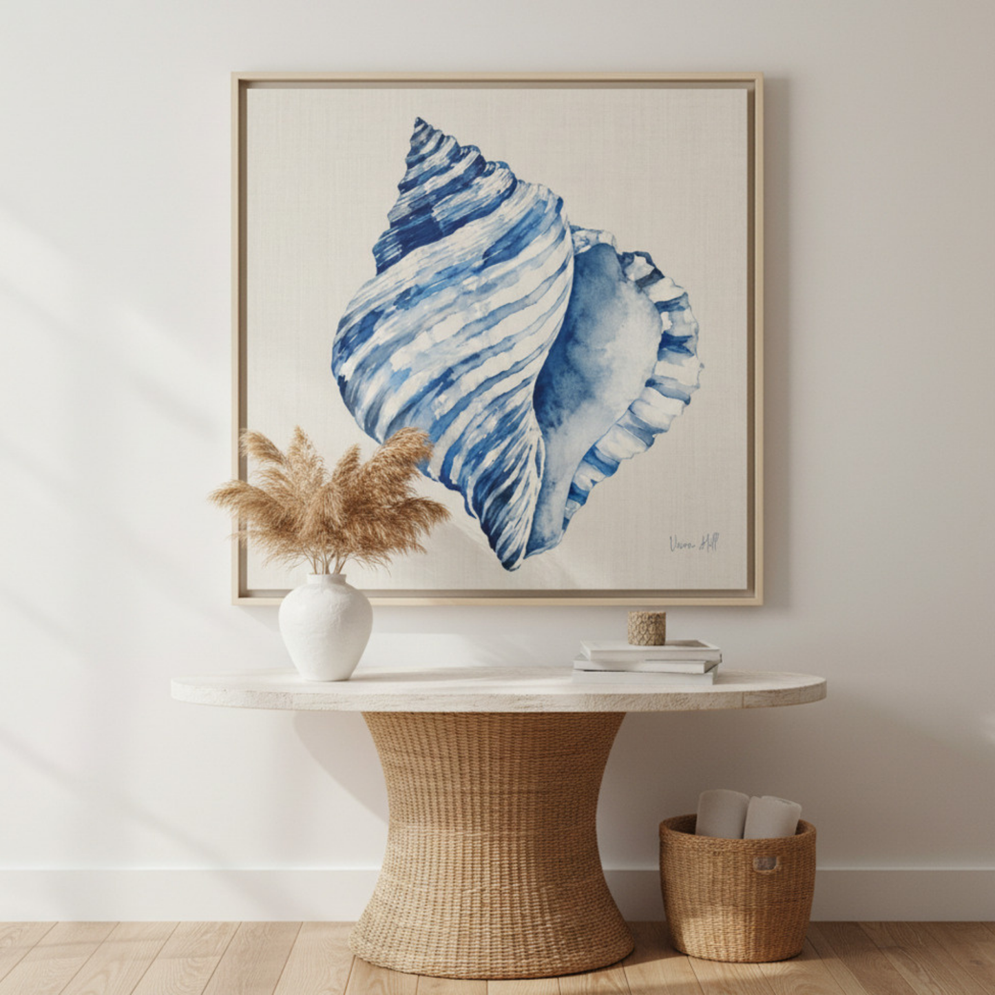 Blue Conch Shell Framed Original Print on Canvas Art — Coastal Navy Seashell Wall Decor 30'x30" | Vivian Hill, Bay & Bridle| Vivian Hill, Bay & Bridle