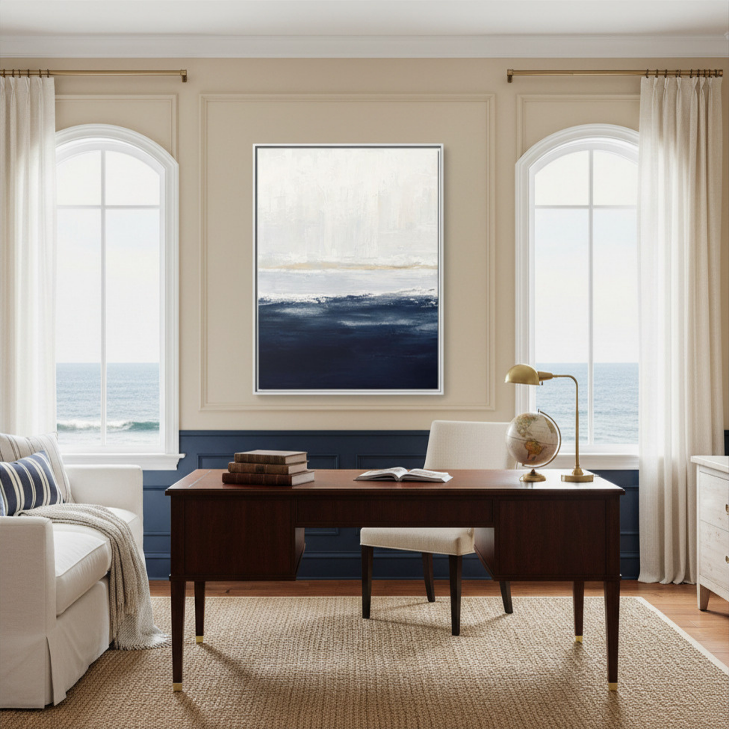 Abstract Coastal Seascape Matte Canvas Framed | Navy Blue Ocean Wall Art 30"x40" | Vivian Hill, Bay & Bridle