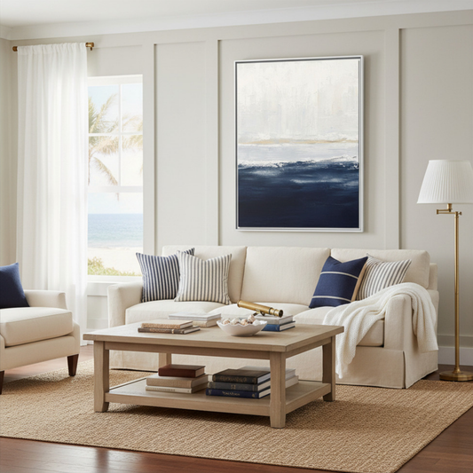 Abstract Coastal Seascape Matte Canvas Framed | Navy Blue Ocean Wall Art 30"x40" | Vivian Hill, Bay & Bridle