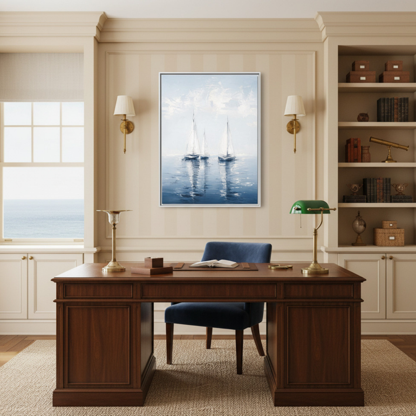 Sailboats Seascape Painting Matte Canvas Framed | Coastal Wall Art 30"x40"