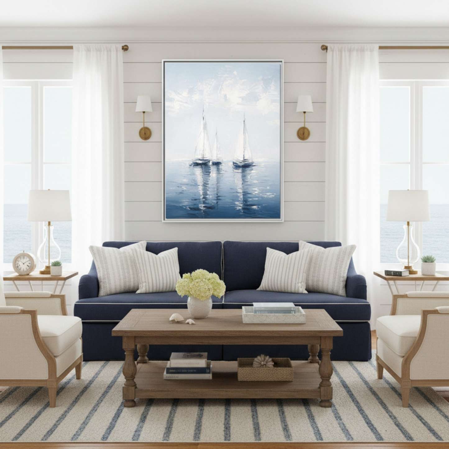Sailboats Seascape Painting Matte Canvas Framed | Coastal Wall Art 30"x40"