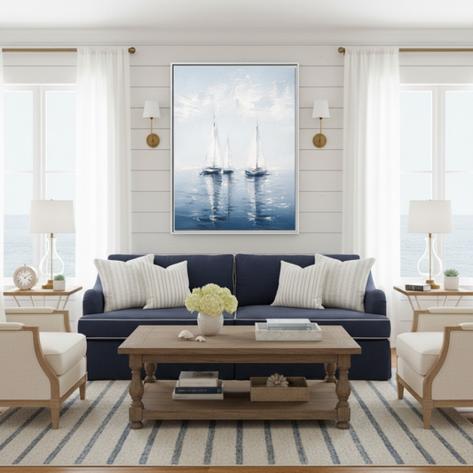 Sailboats Seascape Painting Matte Canvas Framed | Coastal Wall Art 30"x40"