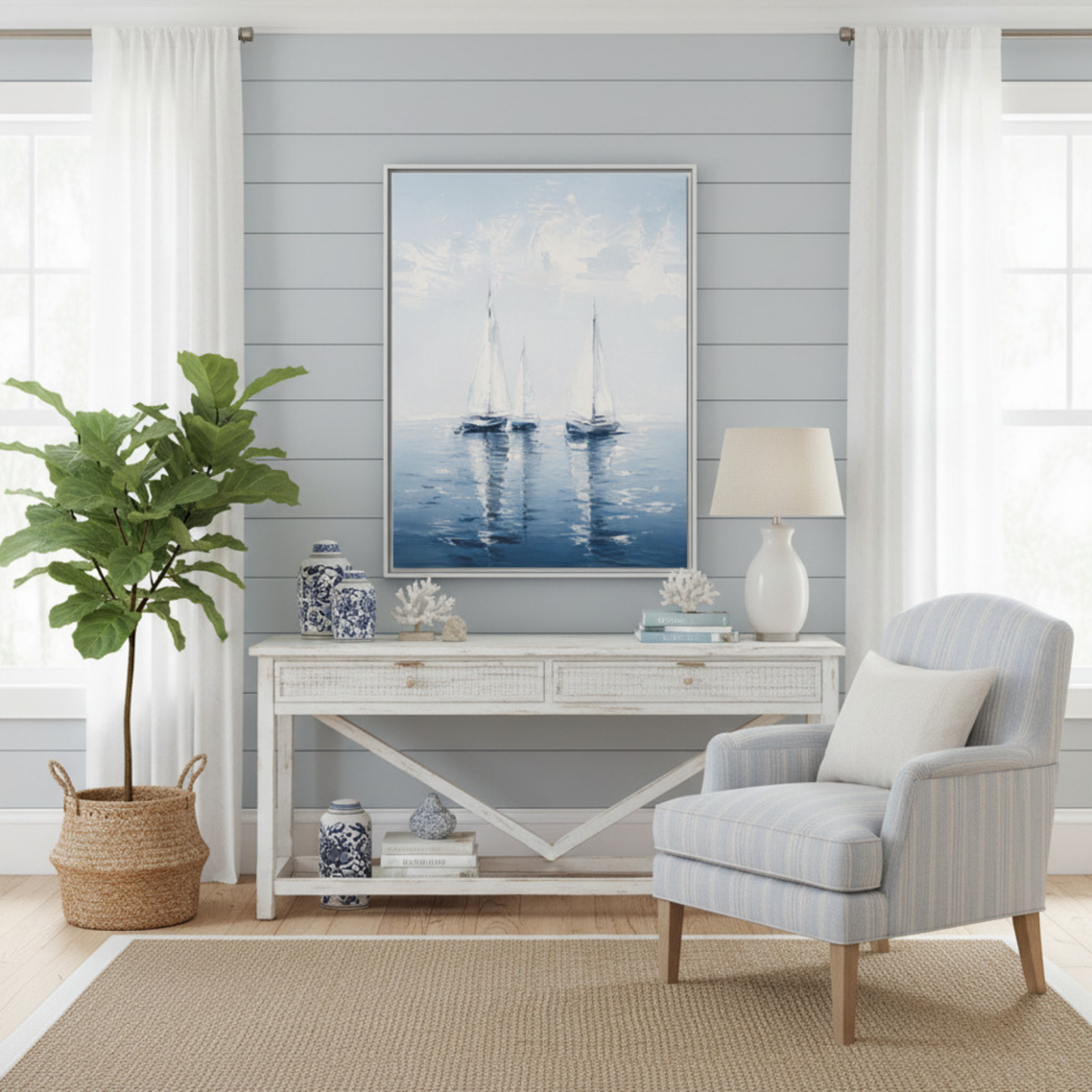Sailboats Seascape Painting Matte Canvas Framed | Coastal Wall Art 30"x40"