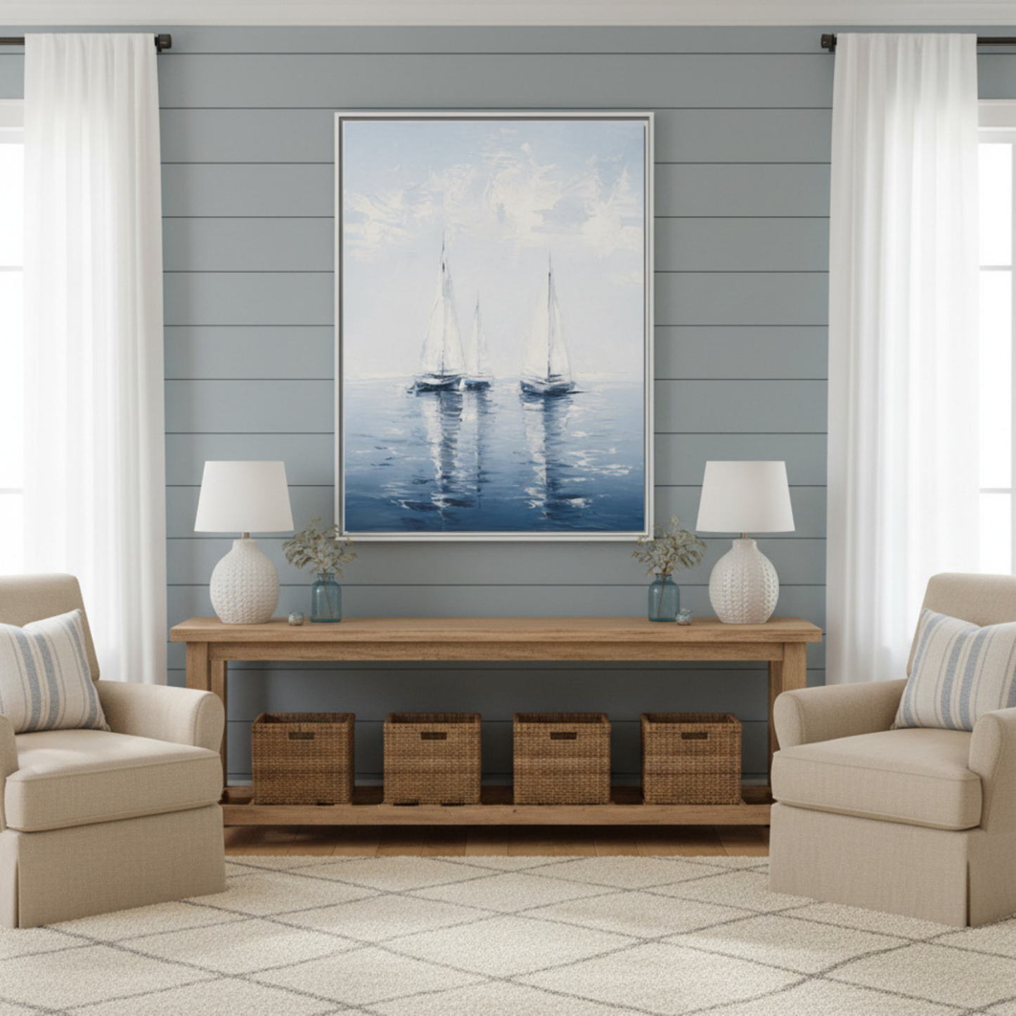 Sailboats Seascape Painting Matte Canvas Framed | Coastal Wall Art 30"x40"