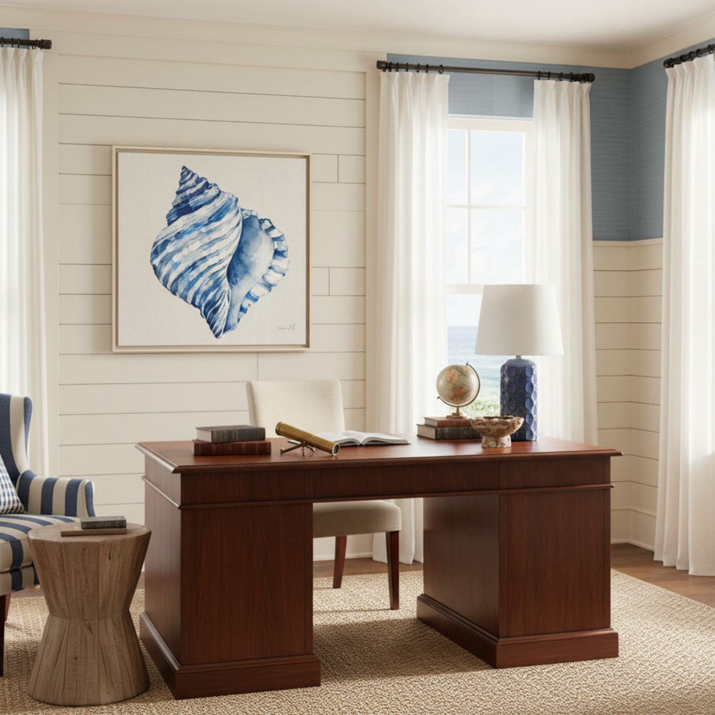 Blue Conch Shell Framed Original Print on Canvas Art — Coastal Navy Seashell Wall Decor 30'x30" | Vivian Hill, Bay & Bridle| Vivian Hill, Bay & Bridle