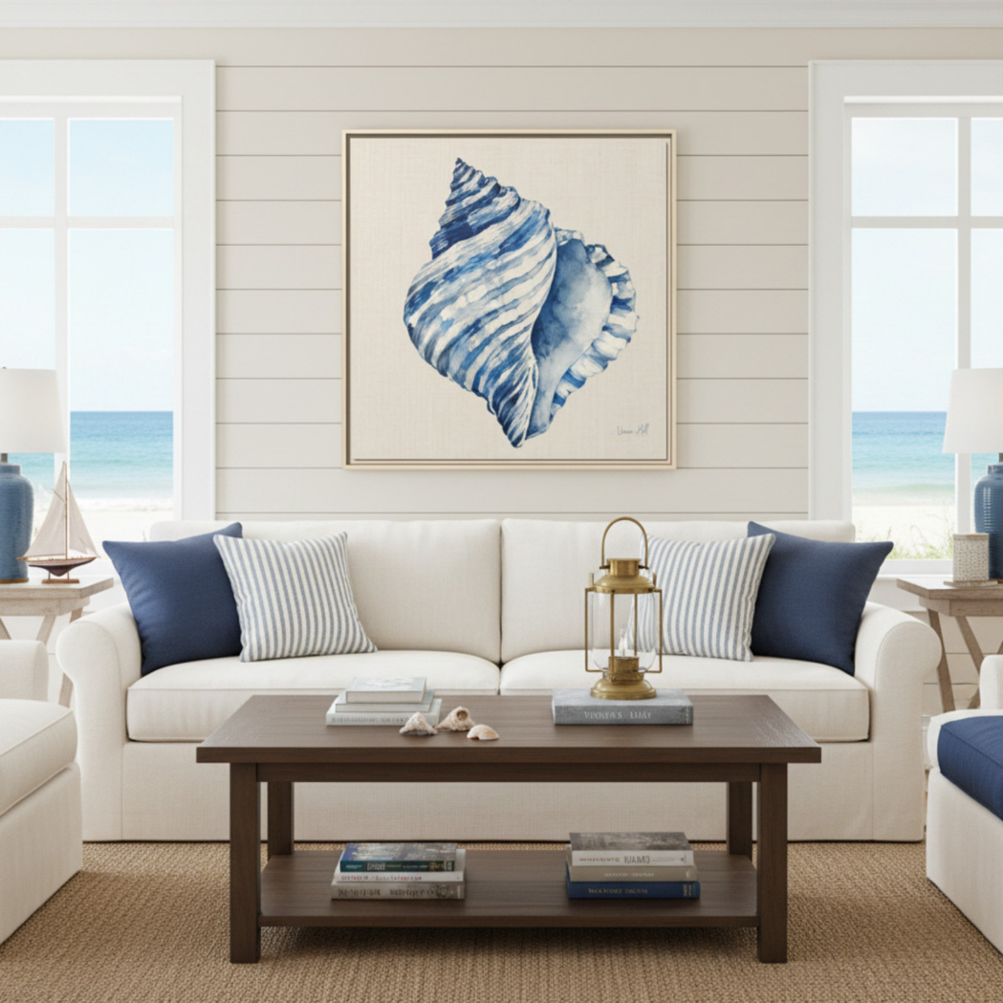 Blue Conch Shell Framed Original Print on Canvas Art — Coastal Navy Seashell Wall Decor 30'x30" | Vivian Hill, Bay & Bridle| Vivian Hill, Bay & Bridle