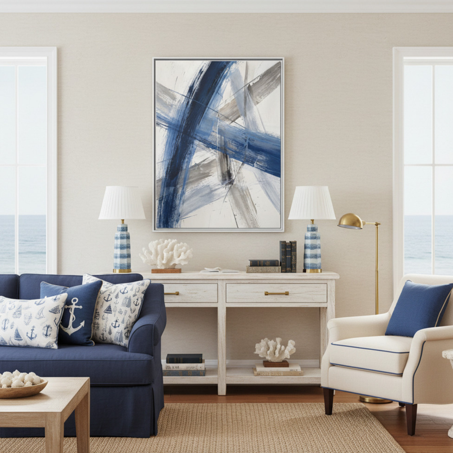 Blue and Gray Abstract Brushstrokes Matte Canvas Framed | Modern Wall Art 30"x40" | Vivian Hill, Bay & Bridle