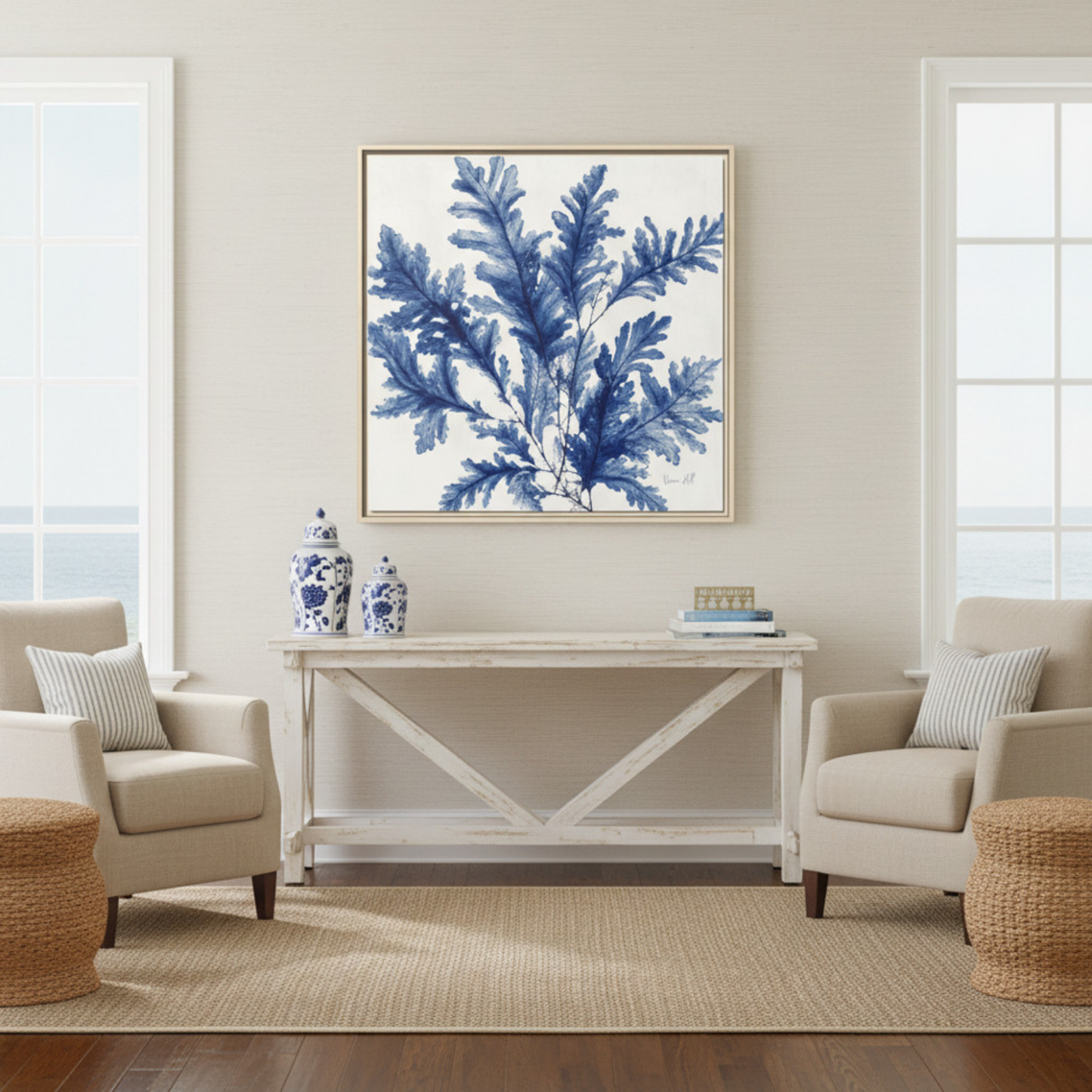 Blue Fern Botanical Framed Original Print on Canvas 30"x30" | Delicate Navy Coastal Seaweed Study | Vivian Hill, Bay & Bridle