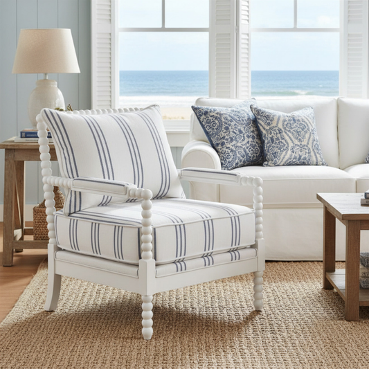 White and Navy Upholstered Stripe Accent Chair