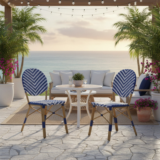 Outdoor Rattan and Aluminum French Armless Bistro Chairs Set of Two - Navy Blue and White