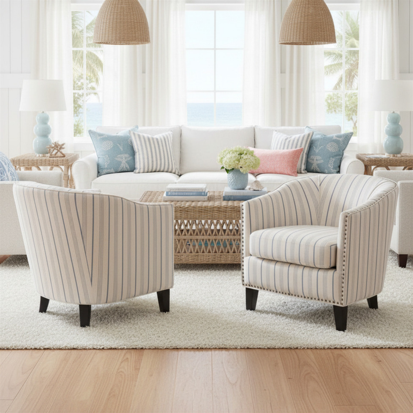 Transitional Upholstered Blue and Beige Stripe Barrel Chair with Birch Wood Legs