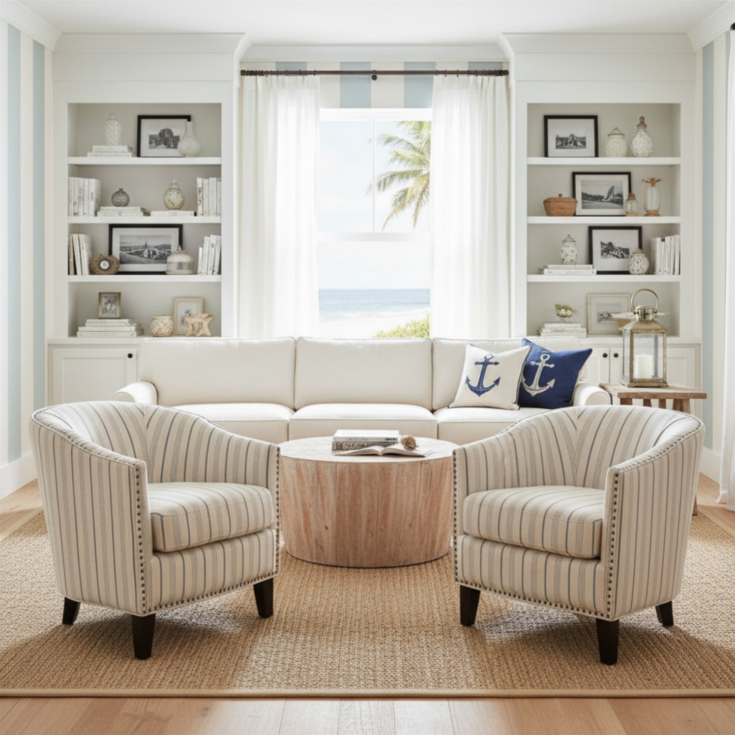 Transitional Upholstered Blue and Beige Stripe Barrel Chair with Birch Wood Legs
