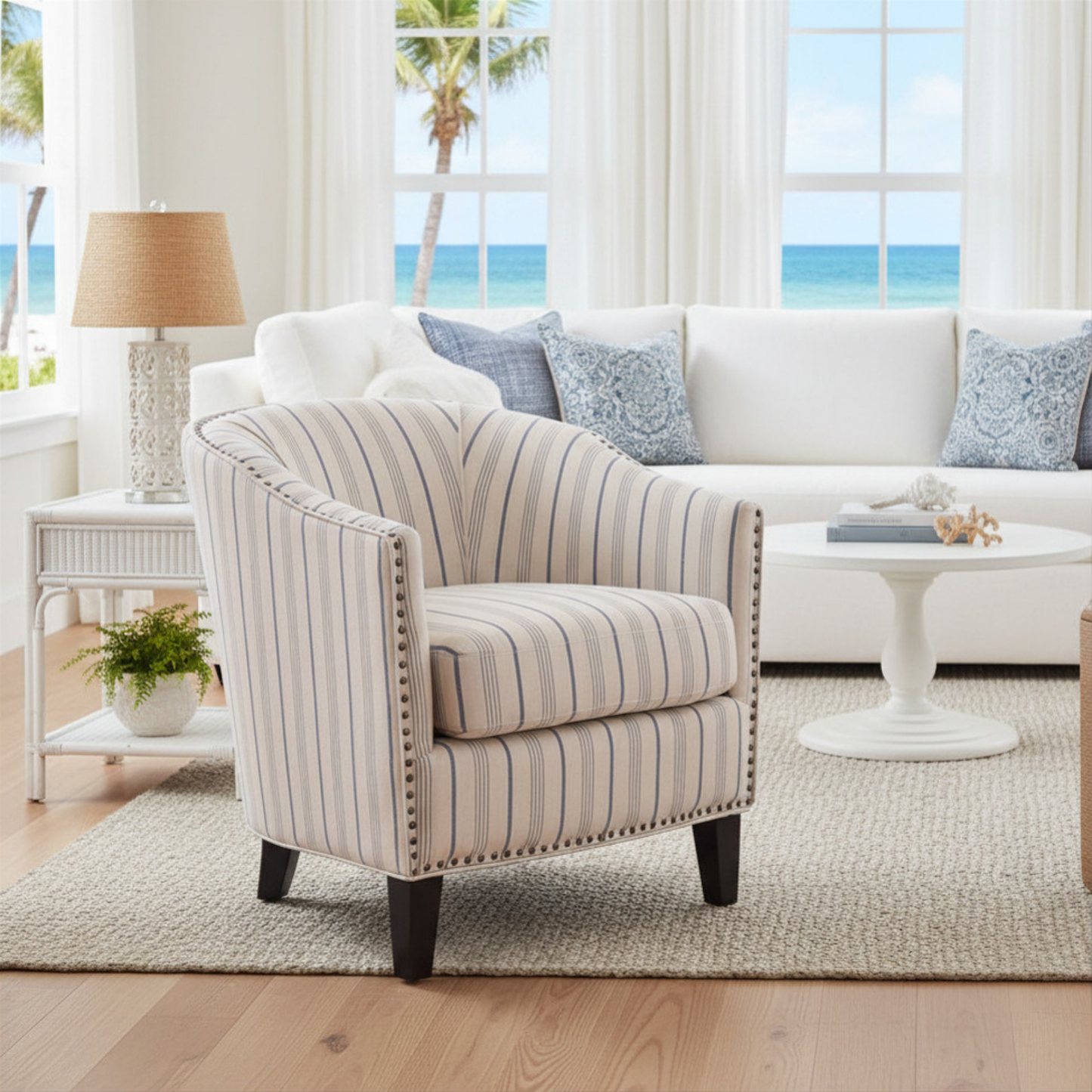 Transitional Upholstered Blue and Beige Stripe Barrel Chair with Birch Wood Legs