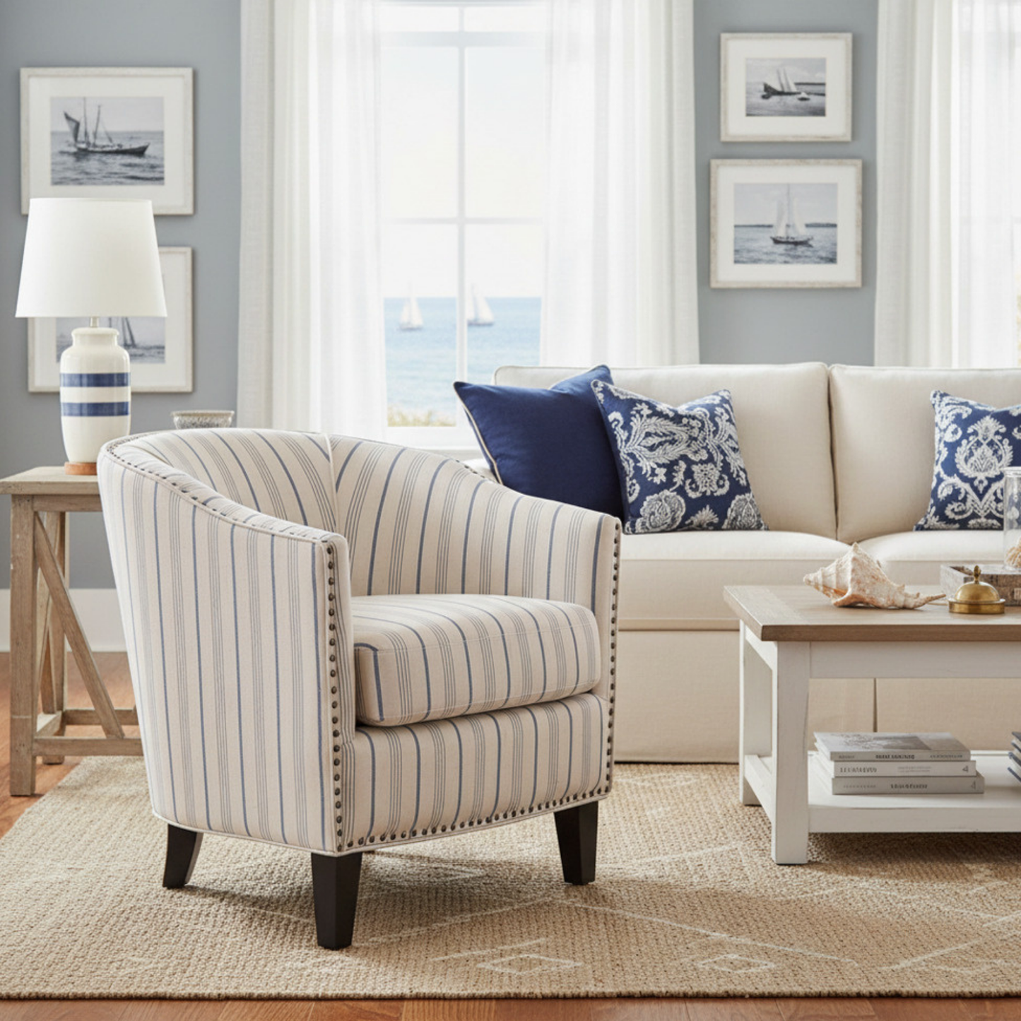Transitional Upholstered Blue and Beige Stripe Barrel Chair with Birch Wood Legs