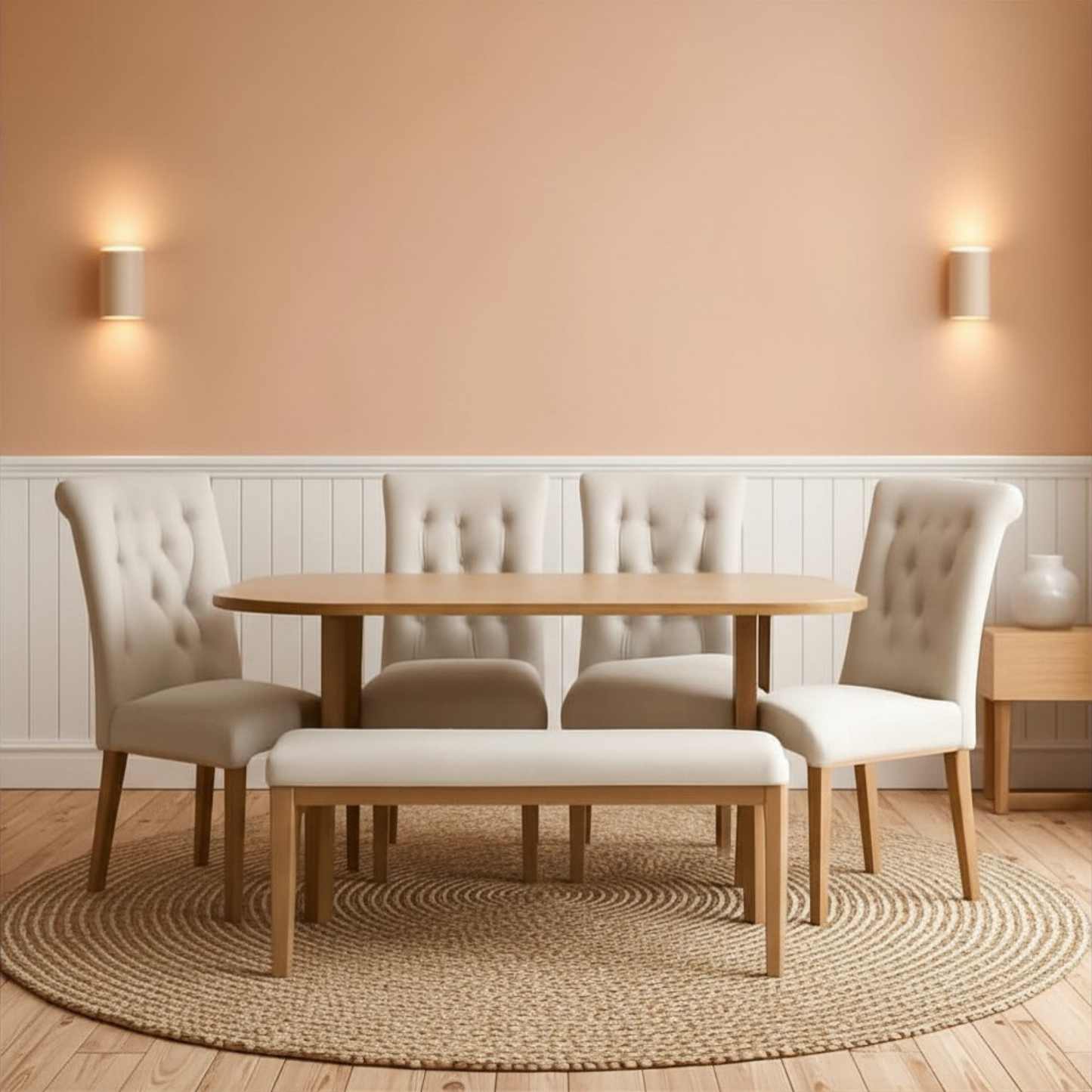 Industrial Solid Wood Rectangular Dining Table Set with Upholstered Seating Bench and Chairs