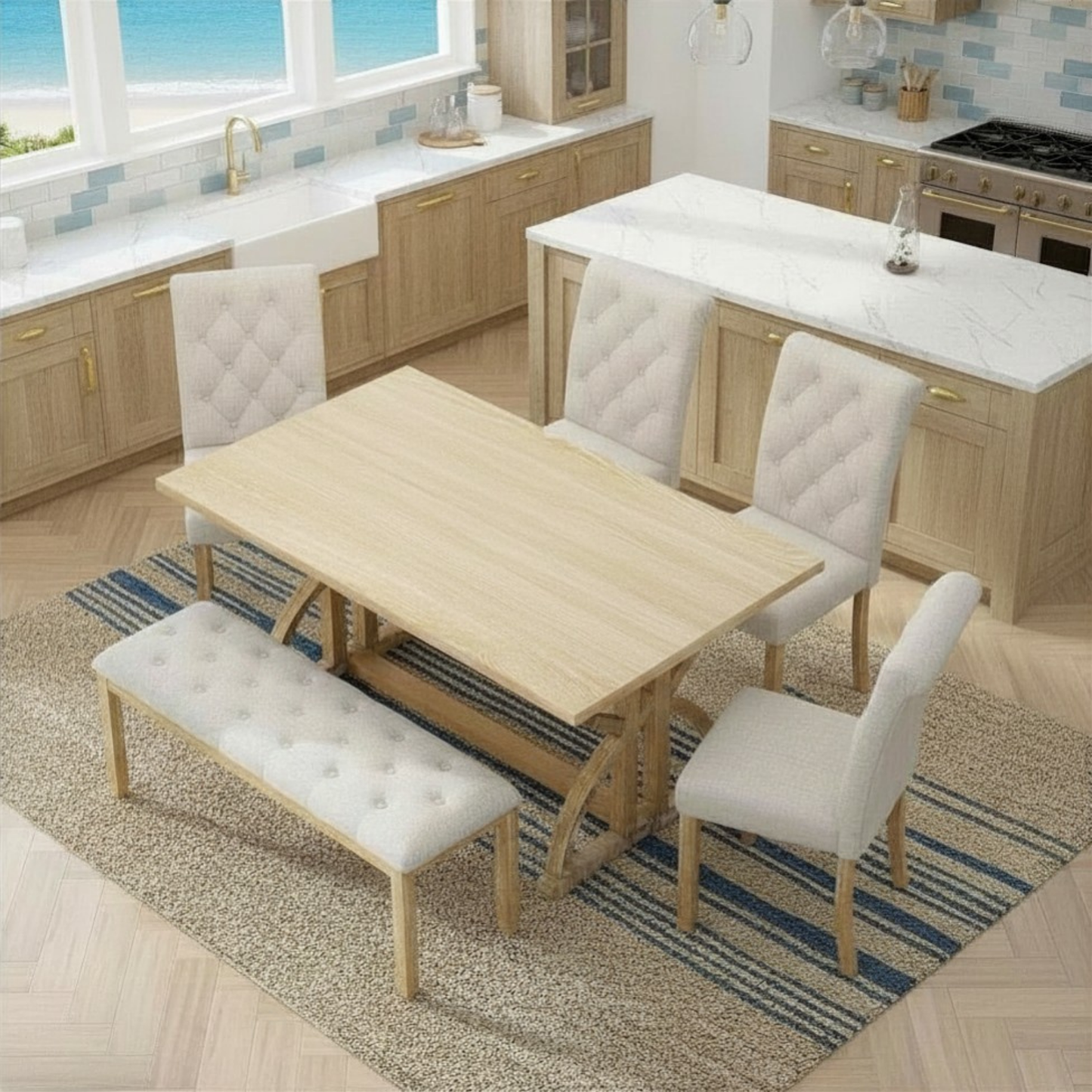 Industrial Solid Wood Rectangular Dining Table Set with Upholstered Seating Bench and Chairs