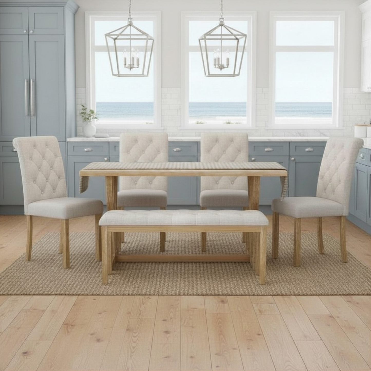 Industrial Solid Wood Rectangular Dining Table Set with Upholstered Seating Bench and Chairs