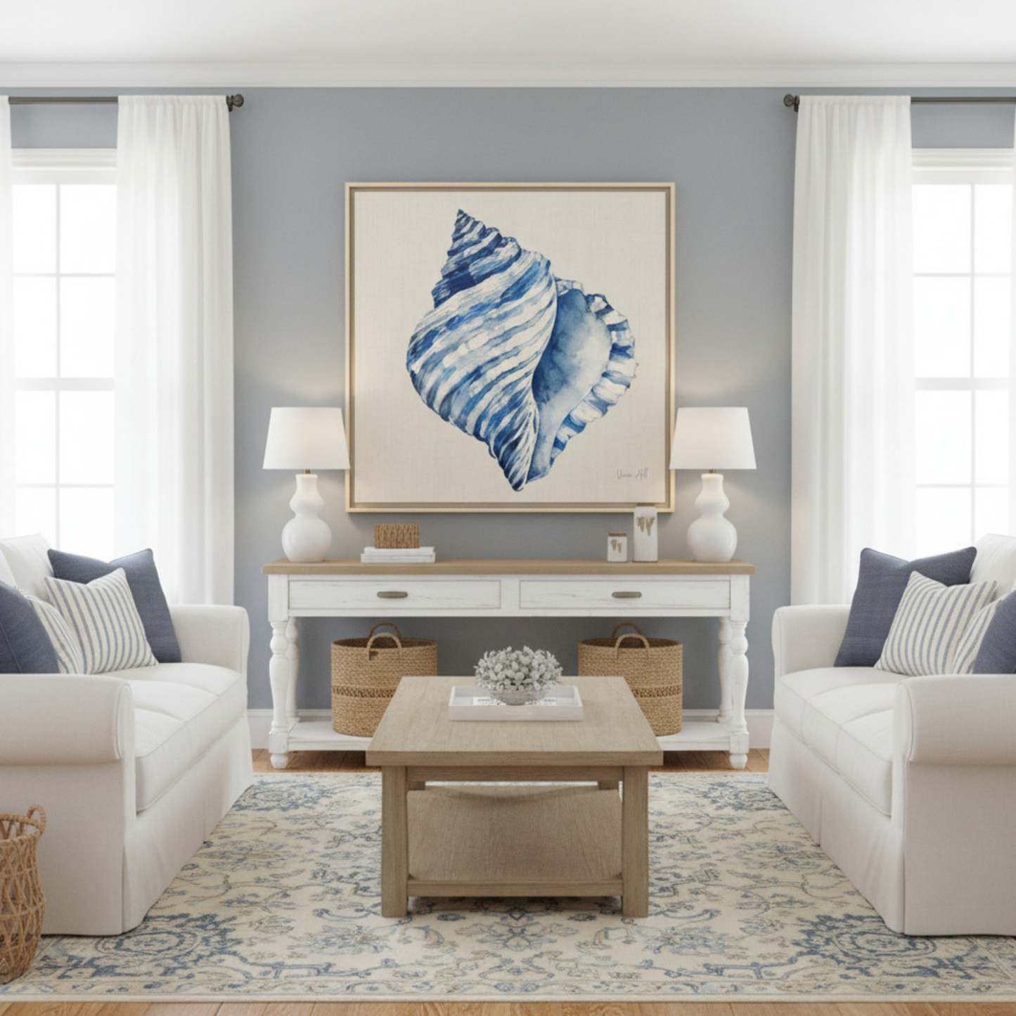 Blue Conch Shell Framed Original Print on Canvas Art — Coastal Navy Seashell Wall Decor 30'x30" | Vivian Hill, Bay & Bridle| Vivian Hill, Bay & Bridle