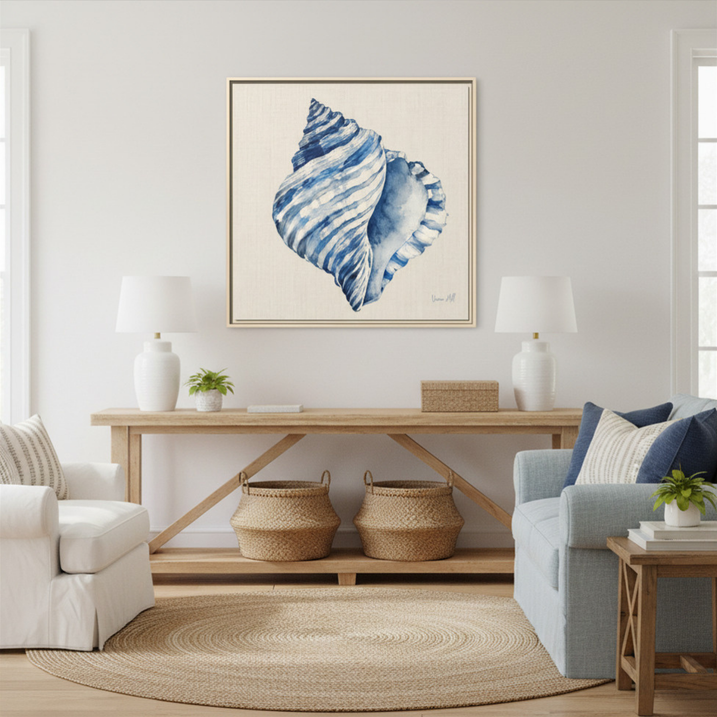 Blue Conch Shell Framed Original Print on Canvas Art — Coastal Navy Seashell Wall Decor 30'x30" | Vivian Hill, Bay & Bridle| Vivian Hill, Bay & Bridle
