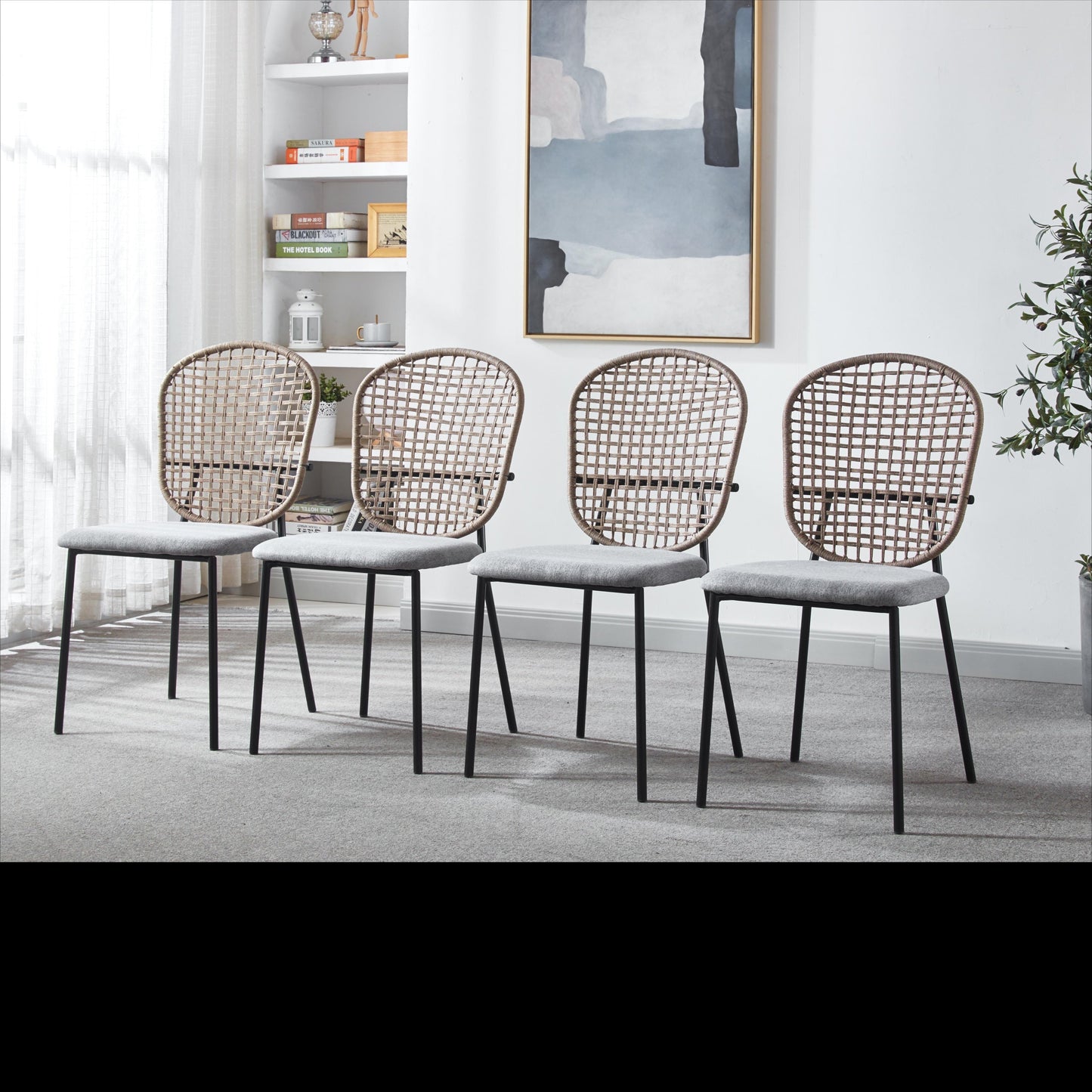 Dining Chair Sennit Style Black Metal Frame Natural Fiber Seat Set of 4