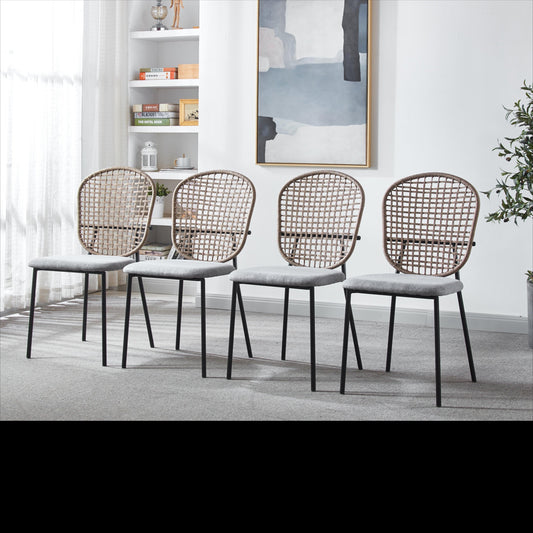 Dining Chair Sennit Style Black Metal Frame Natural Fiber Seat Set of 4