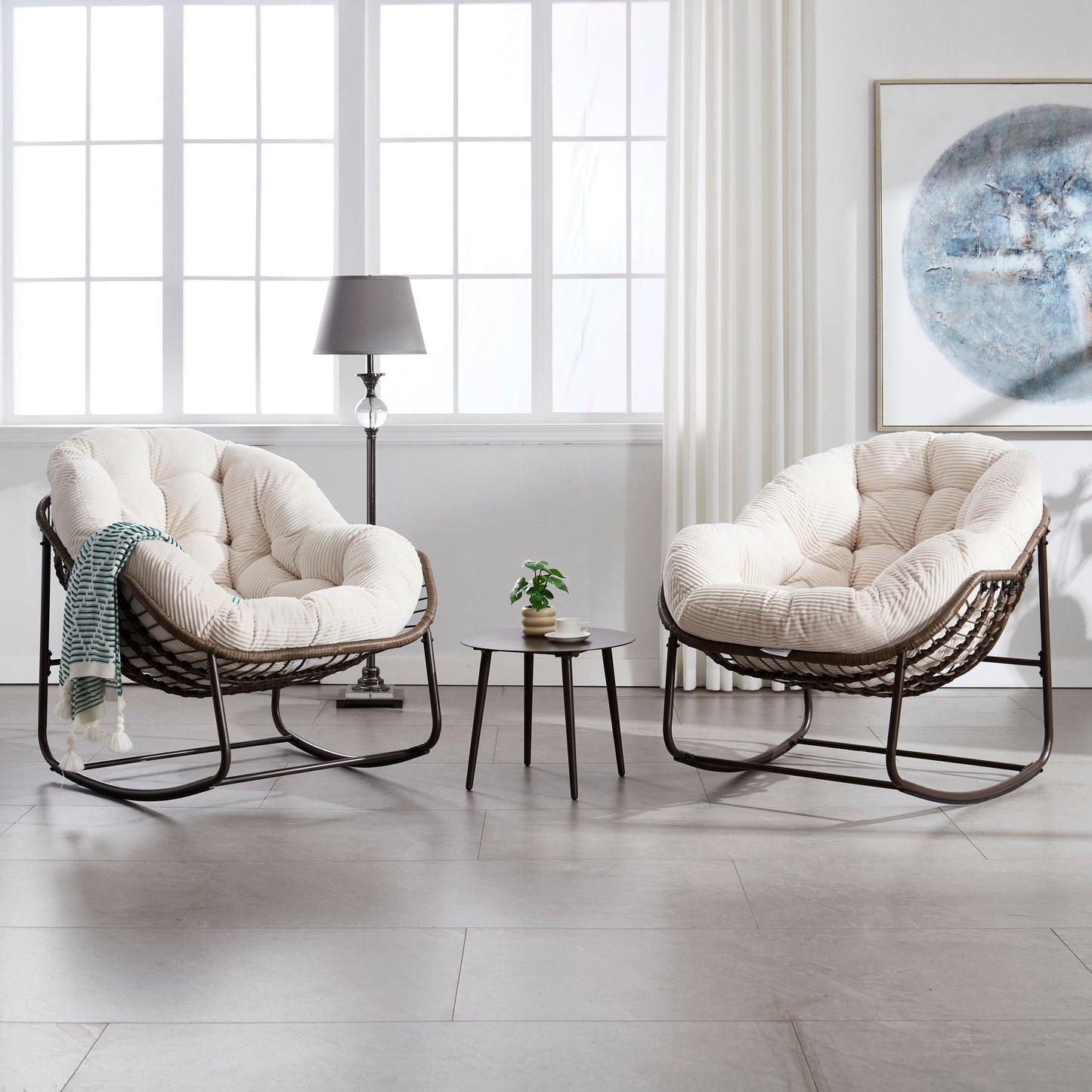 Rocking Chair Rattan Cushioned Seat White