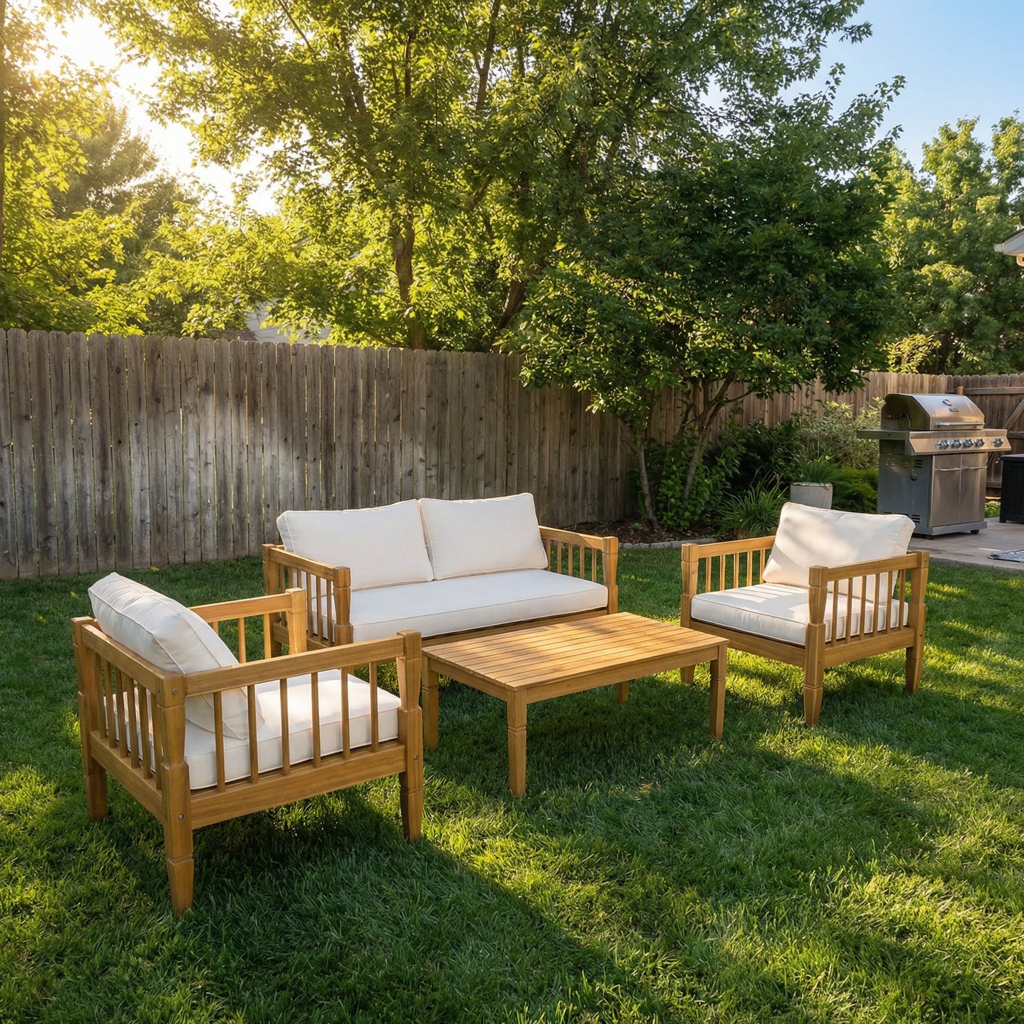 Patio Conversation Set 4-piece Teak Finish with Coffee Table and Cushions
