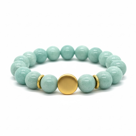 Amazonite Jade And Matte Gold Nugget Stretch Bracelet