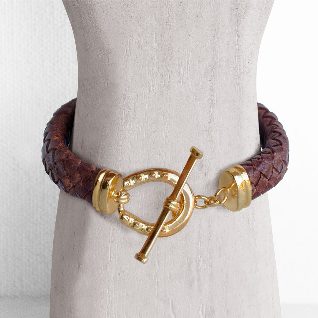 Aristo - 14K Gold Vermeil Brown Leather Horseshoe Bracelet