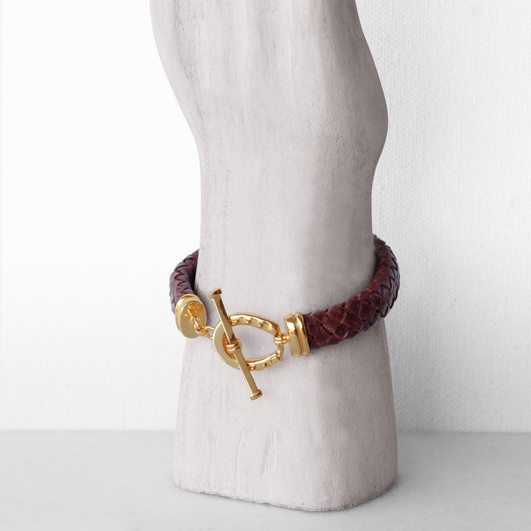 Aristo - 14K Gold Vermeil Brown Leather Horseshoe Bracelet