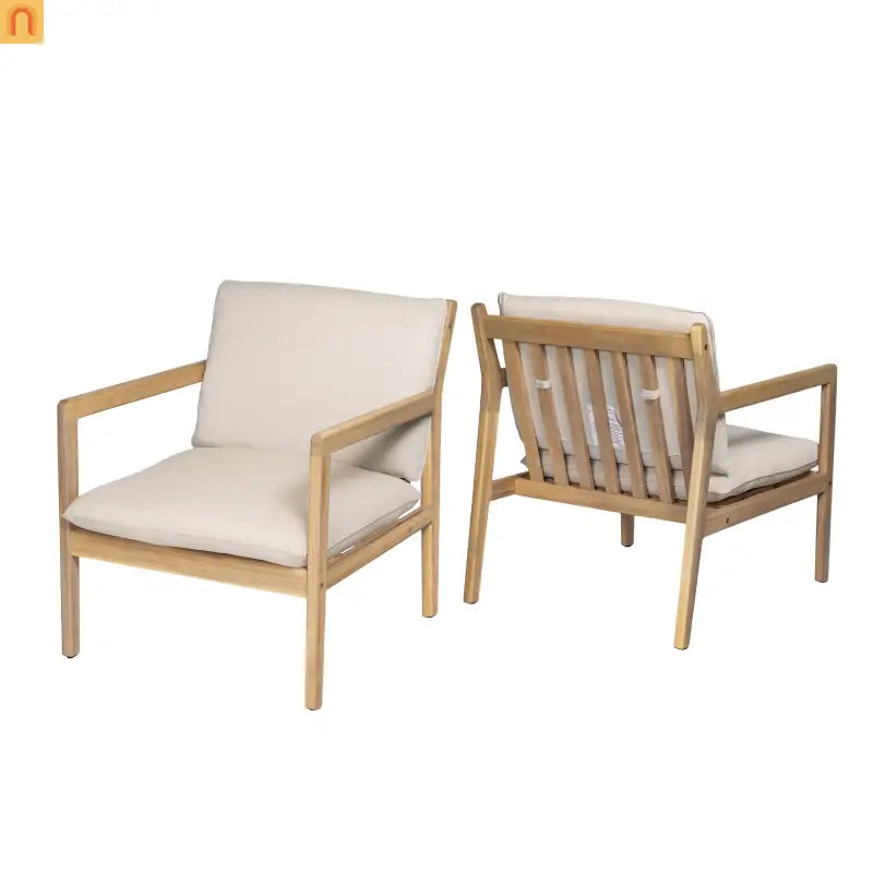 Armchair Outdoor Acacia Wood Cushioned Set of 2 Light Teak Finish