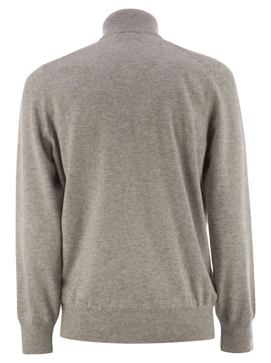 Brunello Cucinelli Men High-Necked Cashmere Sweater With Zip Opening